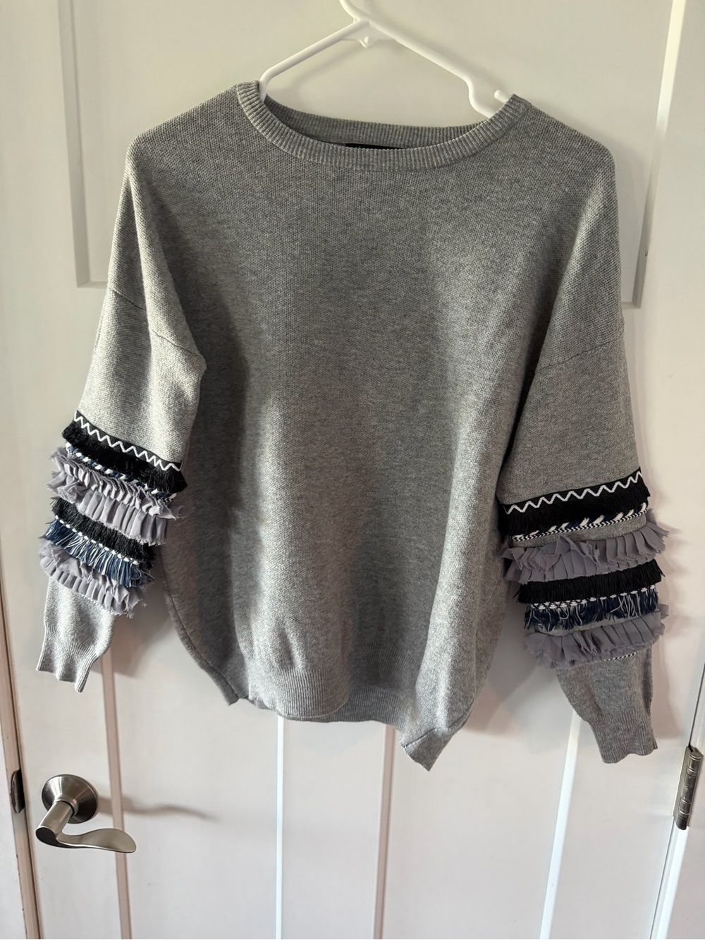 Absolutely Creative Worldwide Gray Ruffle Sleeve Crewneck Sweater